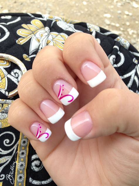 A basic French gel manicure with a purple twist design. Clean and ...