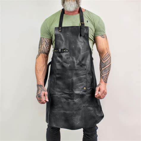 Distressed Leather Apron - Black Full Grain Leather - Butchers Apron ...