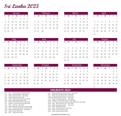 Sri Lanka Calendar 2023 with Holidays - Download in PDF