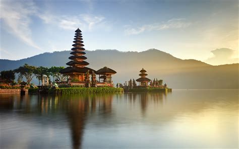 Download wallpapers Ulun Danu Beratan Temple, Lake Bratan, sunrise ...