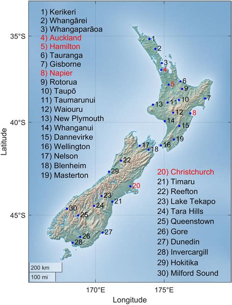 Map of thirty locations across New Zealand for which weather station ...