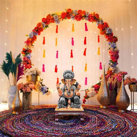 Ganesh Chaturthi Decorations at Home with Flowers, LED Lights, Backdrops