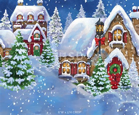 Picture Backdrop with Winter Christmas Village and Snow