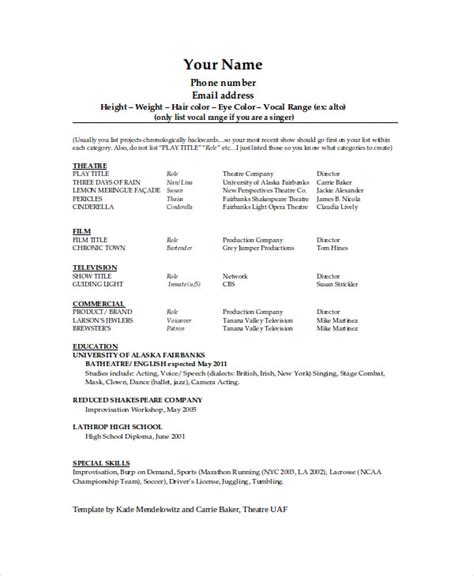 Theater Resume Template - 8+ Word, PDF Documents Download | Free ...