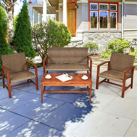 Gymax 4PCS Patio Conversation Set Outdoor Furniture Set w/ Acacia Wood ...