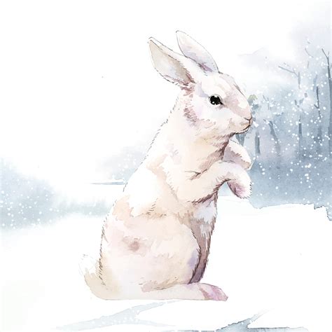 Wild white rabbit in a winter wonderland painted by watercolor vector ...