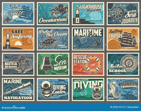 Nautical Retro Posters, Anchor, Lighthouse and Sea Stock Vector ...