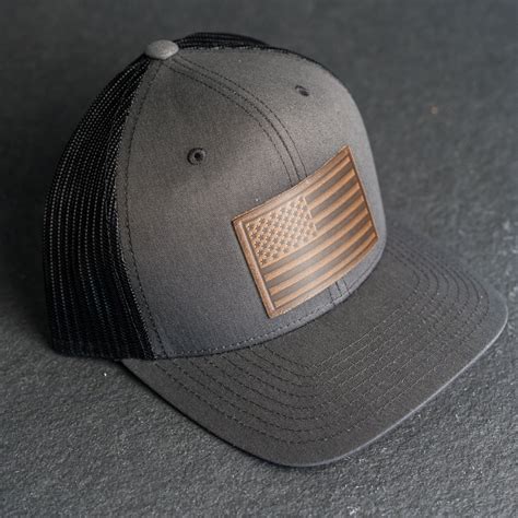 Leather Patch Trucker Style Hat - American Flag Stamp