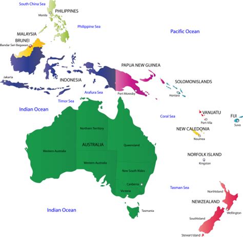 Map of Australia and Oceania with Countries and Capitals ...