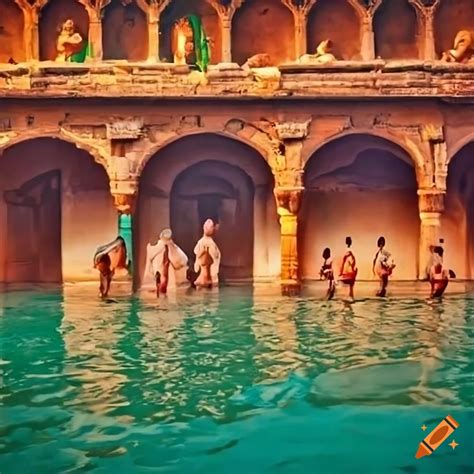 Ancient people socializing at public baths near the indus river on Craiyon