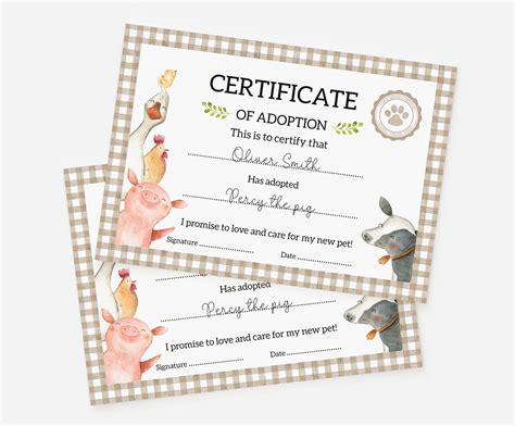 Farm Animal Adoption Certificate, Party Games, Pet Adoption, Boys Farm ...