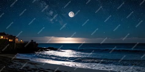 Premium AI Image | Night ocean landscape full moon and stars shine