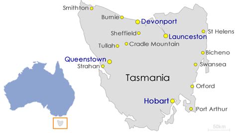 Map of Tasmania - Map of Main Towns In Tasmania