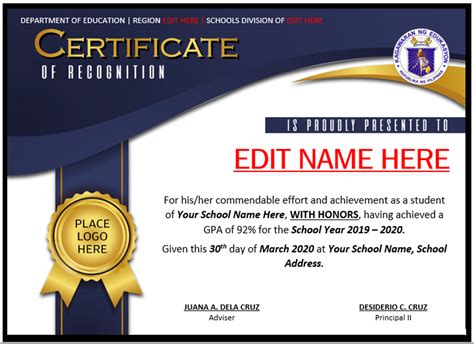 Deped Certificate Of Recognition Template Free Download - Nisma.Info