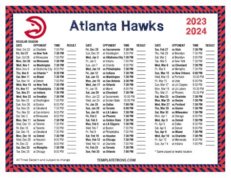 Printable 2023-2024 Atlanta Hawks Schedule