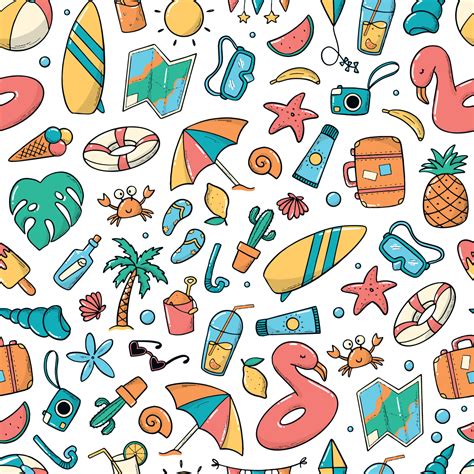 summer seamless pattern with doodles on white background. Good for kids ...