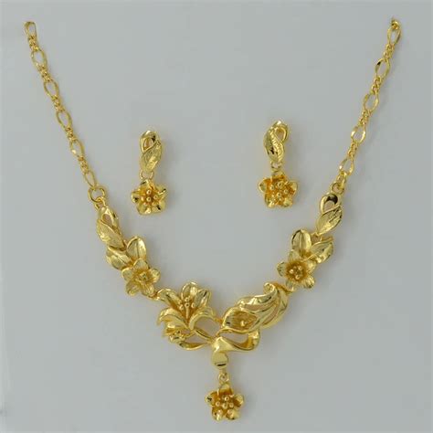 Gold Flower set Jewelry Necklace Pendant Earrings Plant Gold Plated ...