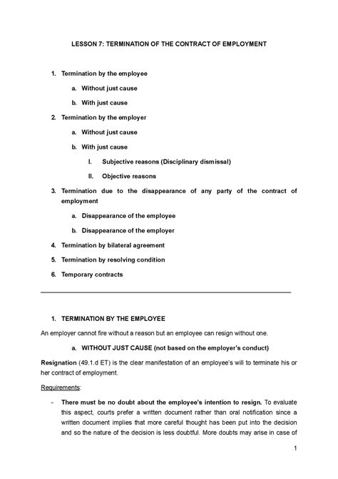 LESSON 7: TERMINATION OF THE CONTRACT OF EMPLOYMENT | Apuntes de ...