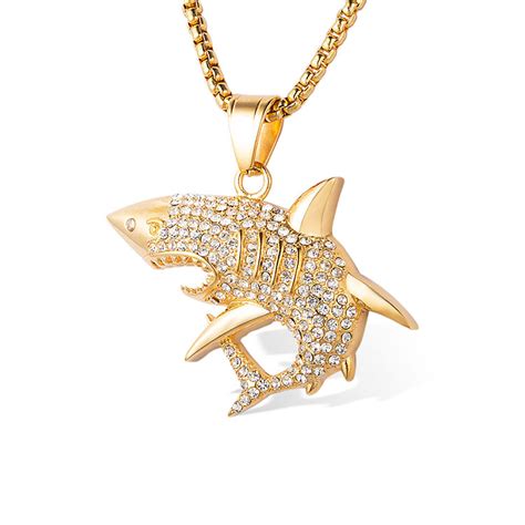 Stainless Steel 18K Gold Plated Bling Bling Pave Shark Pendant Necklace