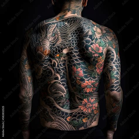 Traditional Japanese Yakuza tattoo with flowers and dragon, Generative ...