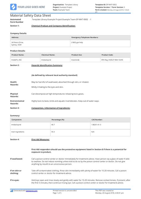 Material Safety Data Sheet Template: Download for free