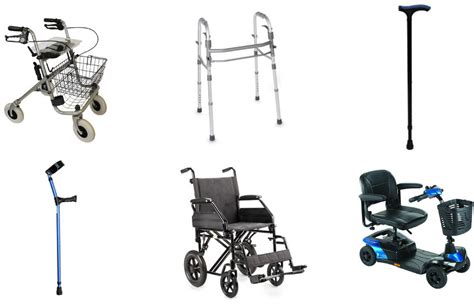 Commonly used mobility aids (left to right, top to bottom): rollator ...