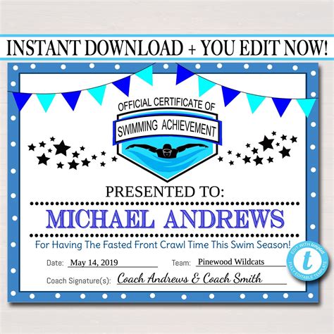 Swim Team Award Certificates, , Swimming Awards, Swimmer Party ...