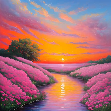 A landscape with pink flowers, a sunset, Oil Painting, - Arthub.ai