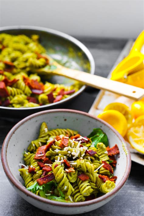 Fusilli with Pesto and Crispy Vegan Bacon - HealthyHappyLife.com