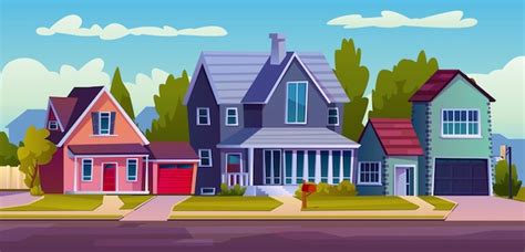 Premium Vector | Cartoon street with suburban houses driveway tree