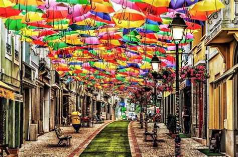 Colorful Umbrellas Float Above the Streets of Agueda, Portugal