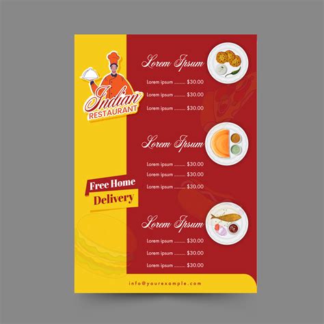 Indian Restaurant Menu Card Template With Free Home Delivery In Yellow ...