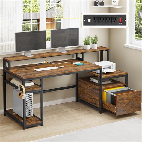 SEDETA Computer Desk with File Drawer and Power Outlet, 66" Computer ...