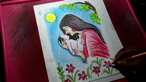 How to Draw Mother and Child Drawing, mother and baby colour painting ...