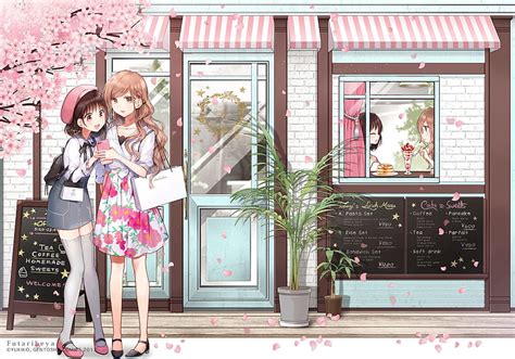 Girl's Cafe, sakura, art, cafe, cute, love, girls, orginal, pink ...