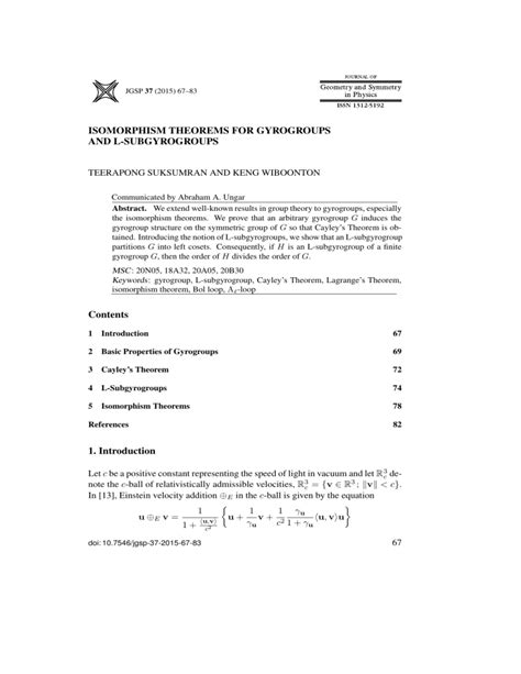 ISOMORPHISM THEOREMS FOR GYROGROUPS AND L-SUBGYROGROUPS TEERAPONG ...