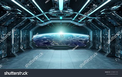 Dark Blue Spaceship Futuristic Interior Window Stock Illustration ...