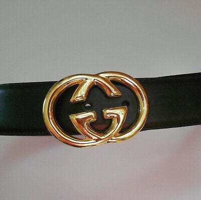 Gucci Double G belt buckle Gold GG Black Leather 75-30 Italy Made New ...