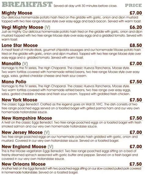 Menu at Moose Coffee restaurant, Manchester, York House