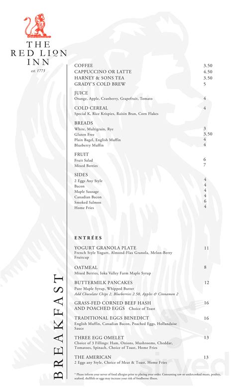 The Red Lion Inn menus in Stockbridge, Massachusetts, United States