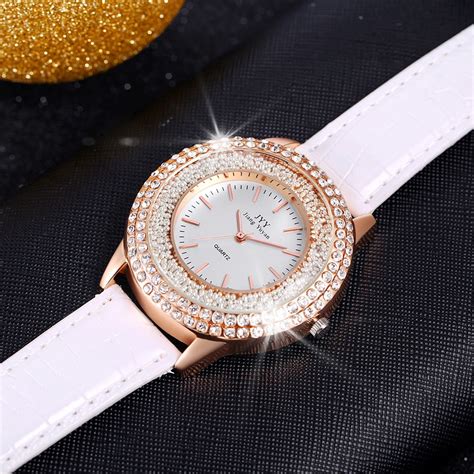 White Women Watches luxury Gold Rhinestone Leather Strap Ladies Watch ...