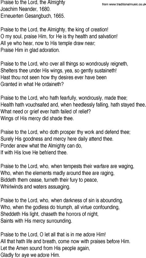 Hymn and Gospel Song Lyrics for Praise to the Lord, the Almighty by ...