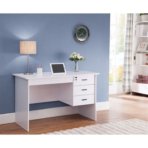 Modern Office Desk With Three Locking Drawers, White - Walmart.com