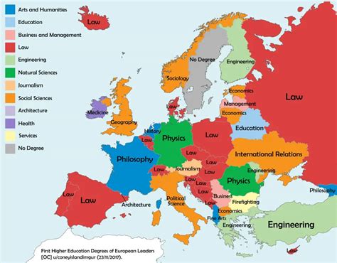 Map of first higher education degrees of European country leaders ...