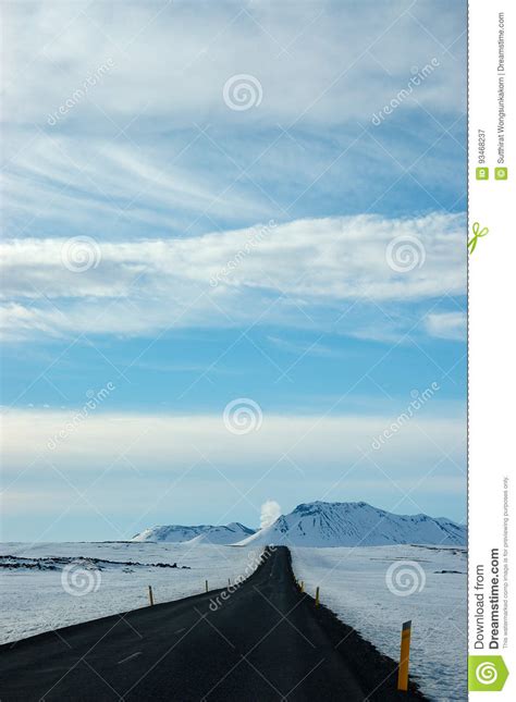 Lonely Black Road, Snow, Blue Sky, Iceland Stock Image - Image of cloud ...