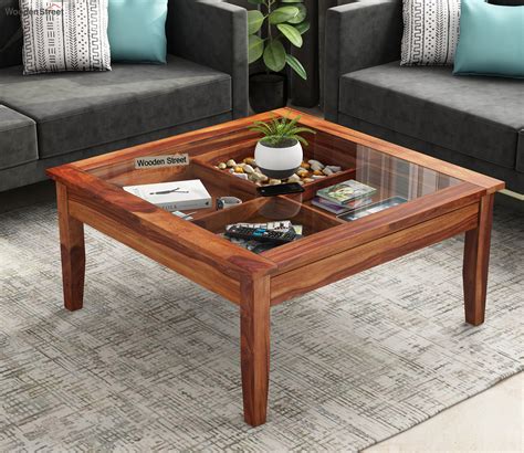 Buy Elevate Sheesham Wood Glass Top Coffee Table with Storage (Honey ...