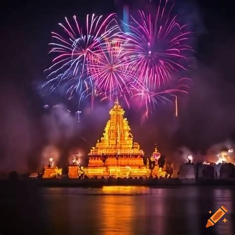 Diwali fireworks lighting up an indian temple with happy locals on Craiyon