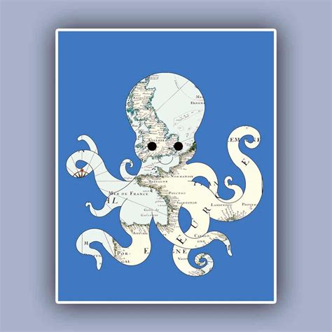 Octopus map art Print Nautical map Print Marine Wall Decor | Etsy