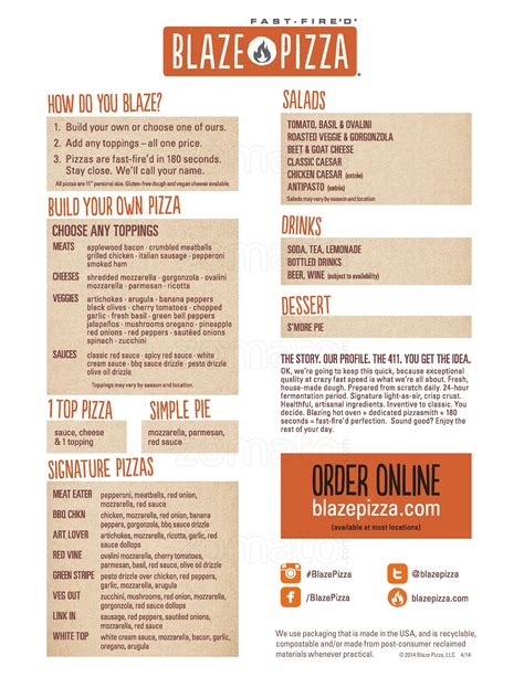 Menu at Blaze Pizza restaurant, San Francisco, 20th Ave