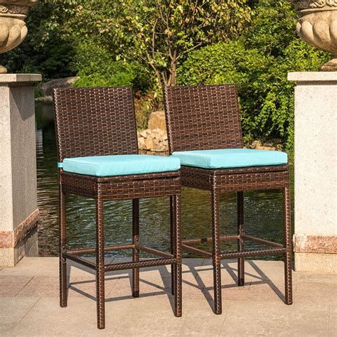 Bar Stools 30'' Bar Height Outdoor Modern Seat with Blue Cushions, Set ...